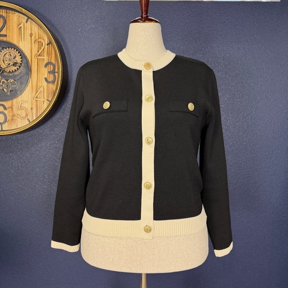 Zara Black and Cream Heavy Knit Cardigan Sweater with Gold Buttons | XL - Picture 1 of 8